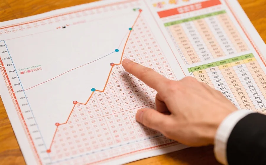 一只手指着一张彩票走势图，指向正在上升的号码曲线，旁边有数据统计表