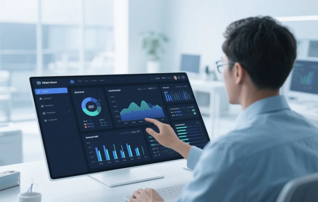 用户在现代化数字平台上操作，界面清晰简洁，显示各种数据与历史记录，环境明亮